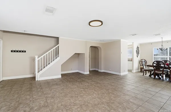 a view of a dining room with furniture