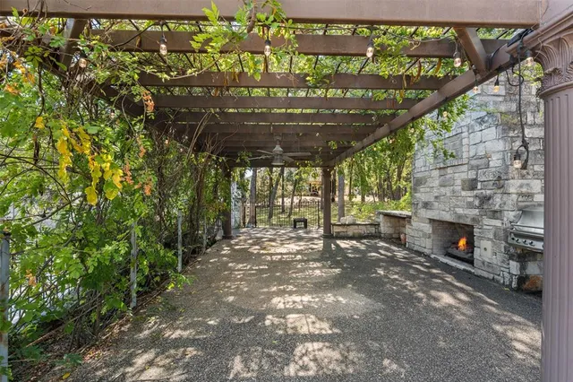 a view of a park with large trees