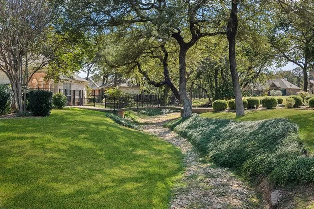 a view of a park with large trees