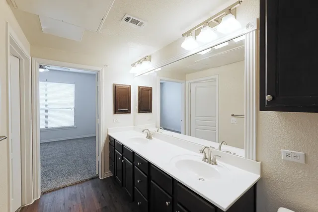 a bathroom with a sink double vanity and a mirror