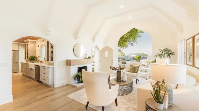 a view of a dining room with furniture window and outside view