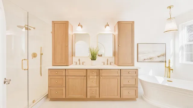 a bathroom with a shower and a shower