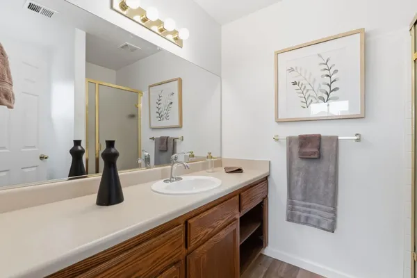 a bathroom with a sink and a mirror