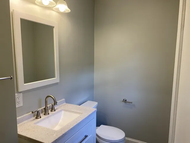 a bathroom with a sink a toilet and mirror