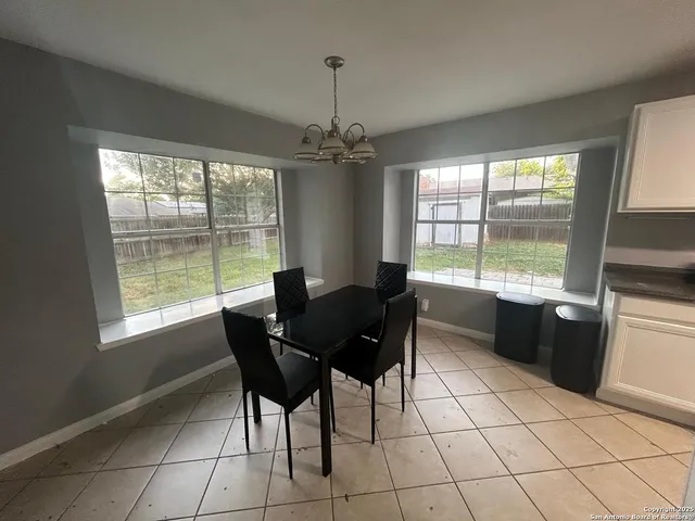 a view of a dining room with furniture window and outside view
