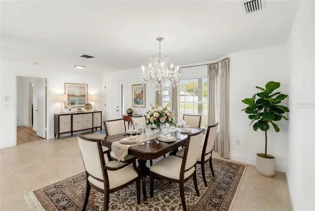 a view of a dining room with furniture and window