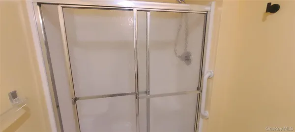 a bathroom with a glass shower door