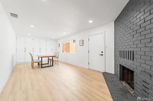 a view of a dining room with furniture