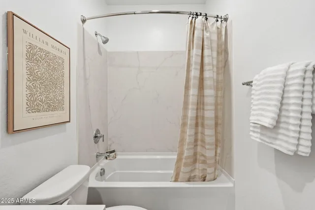 a bathroom with a shower curtain and a bathtub