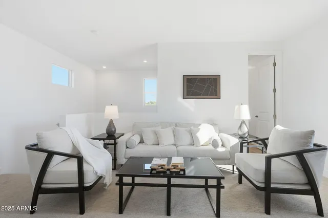 a living room with furniture and a rug