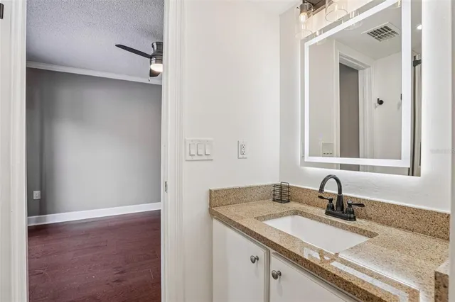 a bathroom with a granite countertop sink and a mirror