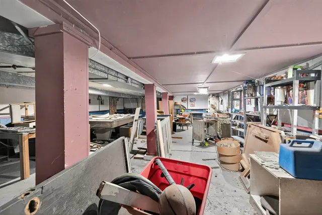 a backyard of a house with plants and large tree