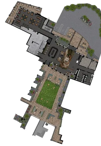 a view of a building with lot of people and cars