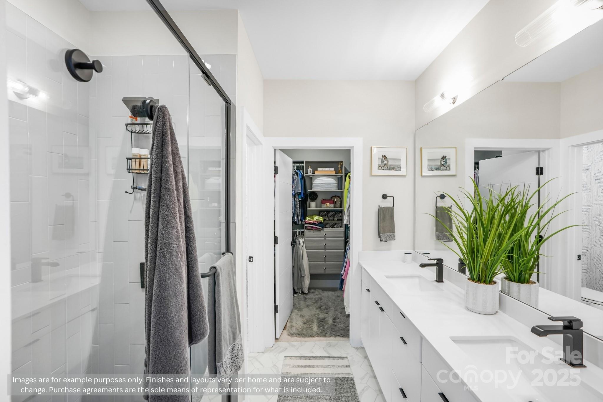 421 Devender Lane, Unit 2 Charlotte, NC 28217 - Photo 16 of 28 a bathroom with a granite countertop sink a mirror a potted plant and a shower