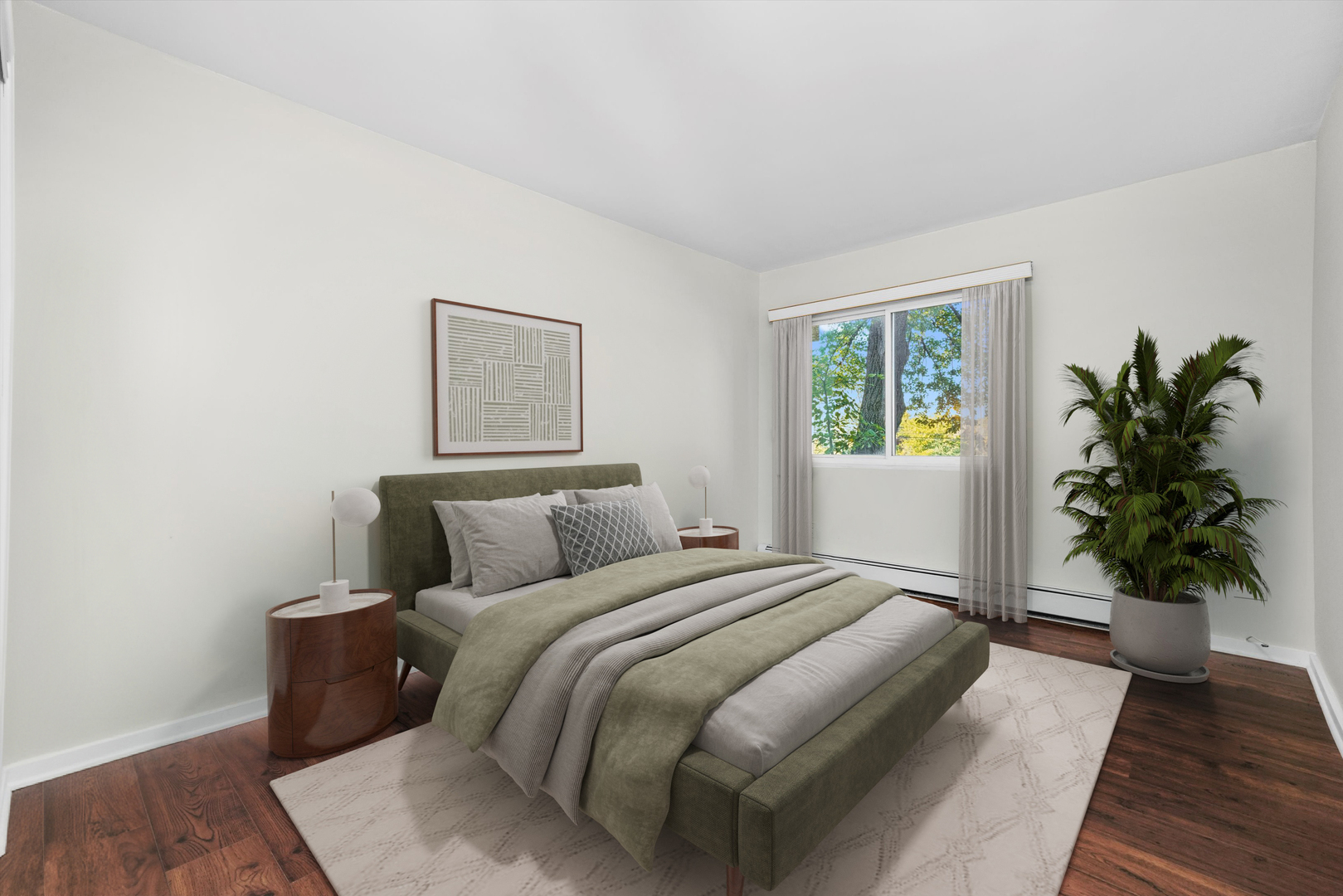 3617 Central Avenue East, Unit 201 Glenview, IL 60025 - Photo 16 of 21 a spacious bedroom with a bed and a potted plant