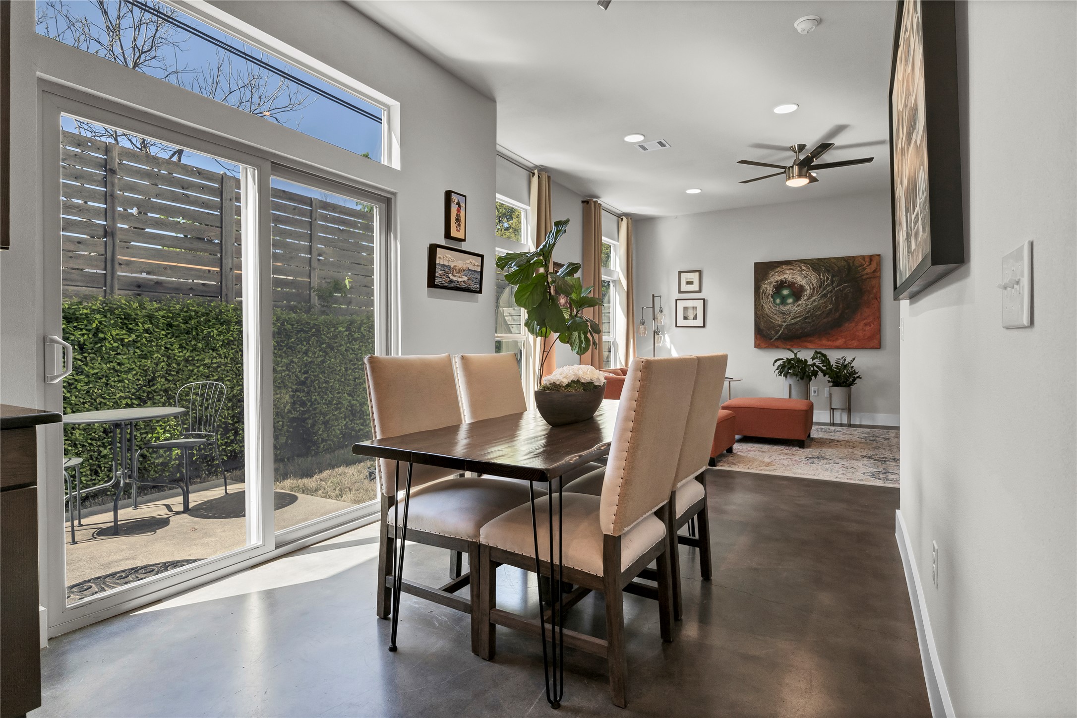3504 Clawson Road, Unit 7 Austin, TX 78704 - Photo 3 of 26 Dining space with finished concrete floors, a ceiling fan, and recessed lighting