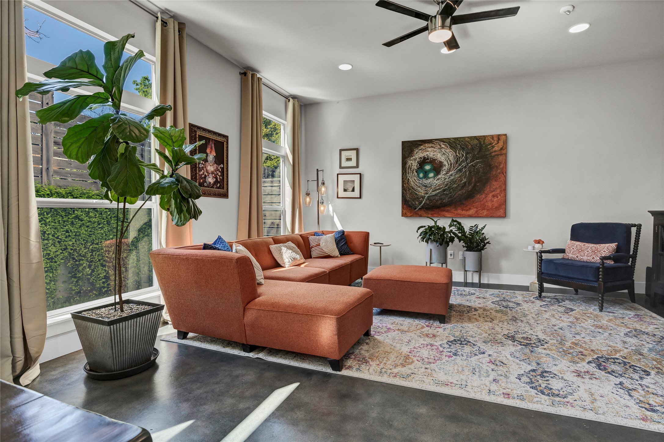3504 Clawson Road, Unit 7 Austin, TX 78704 - Photo 6 of 26 Living room with concrete flooring, ceiling fan, and recessed lighting