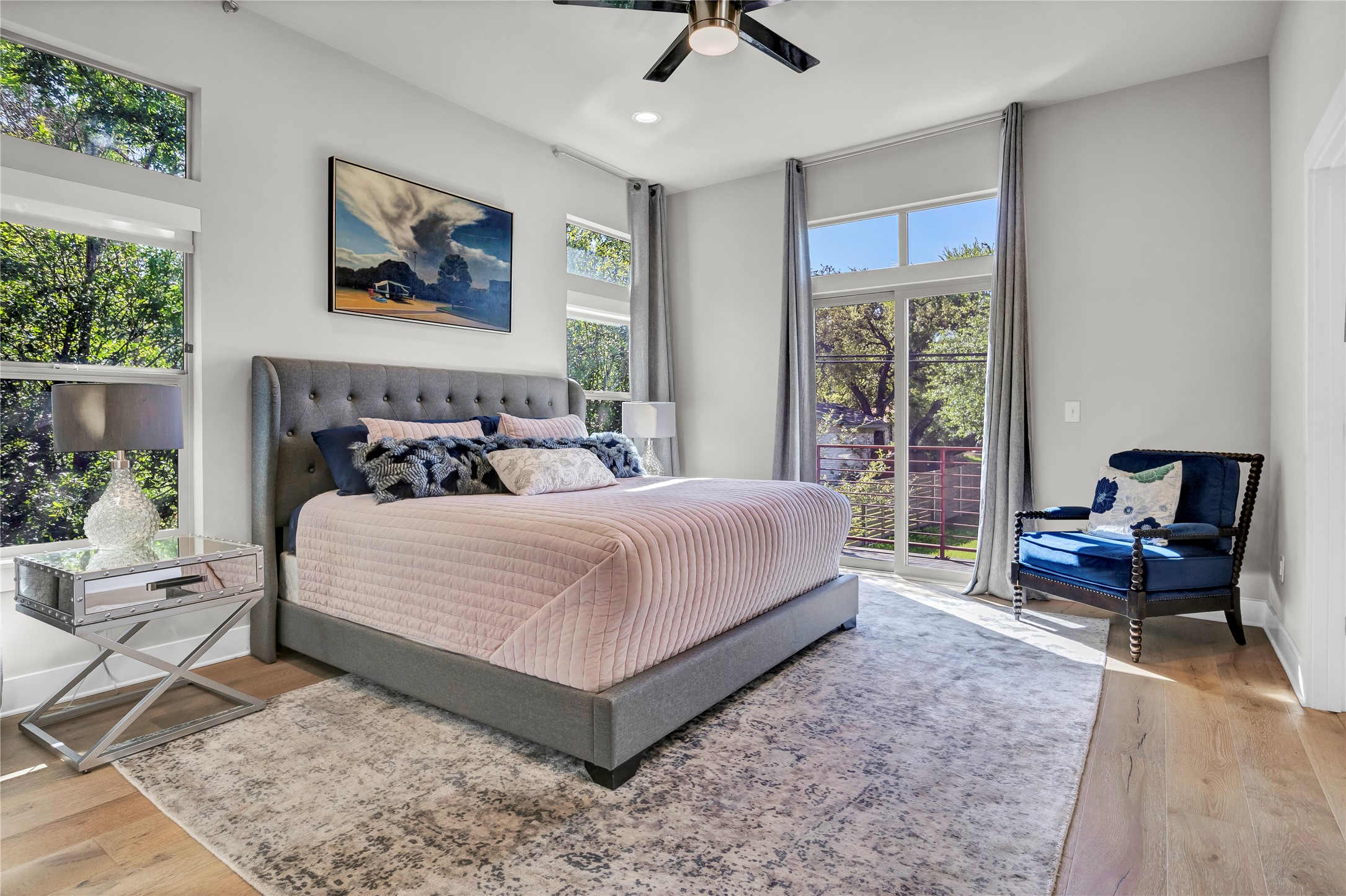 3504 Clawson Road, Unit 7 Austin, TX 78704 - Photo 8 of 26 Bedroom featuring light wood finished floors, access to outside, ceiling fan, and recessed lighting