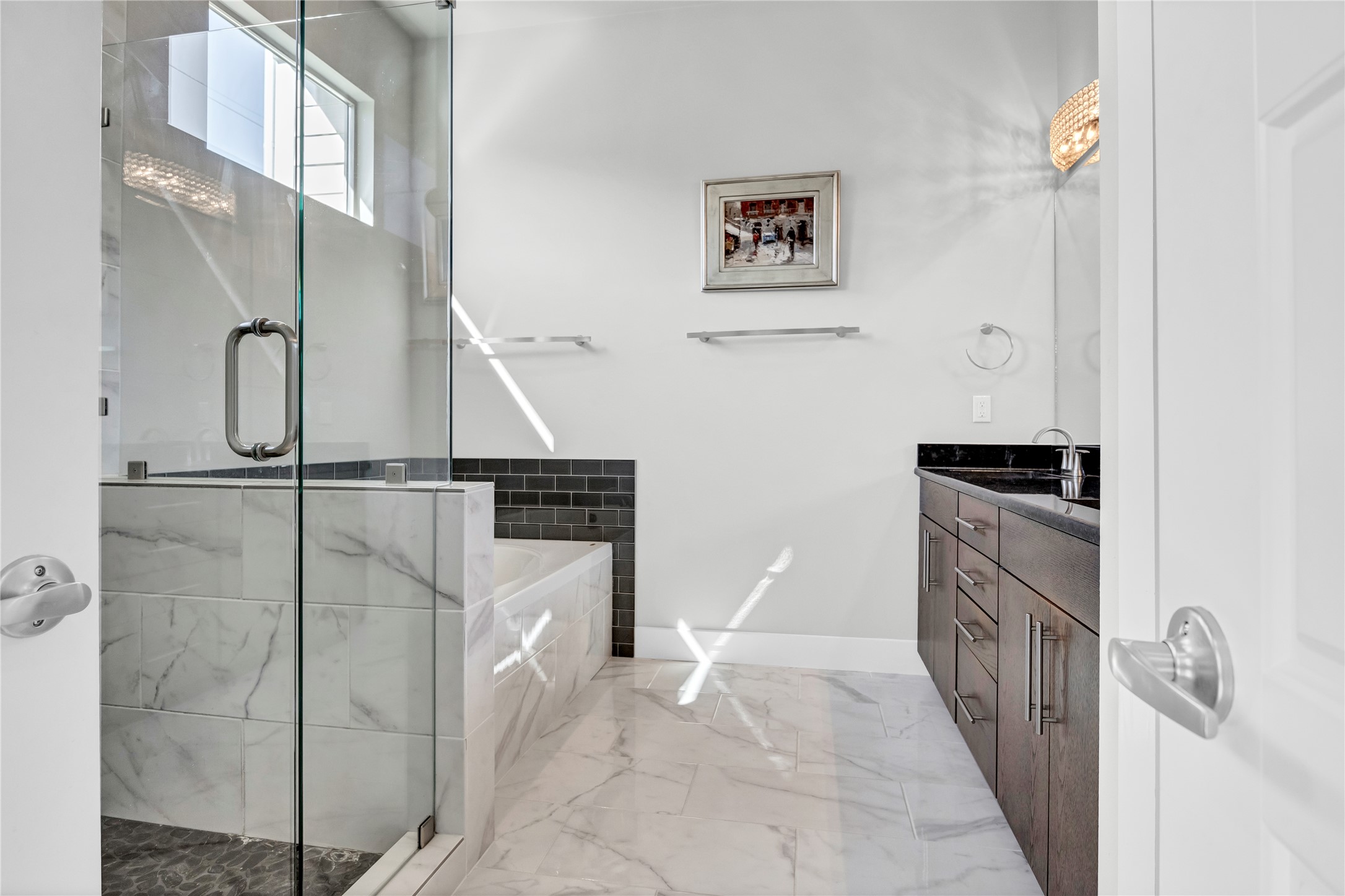 3504 Clawson Road, Unit 7 Austin, TX 78704 - Photo 10 of 26 Bathroom with a garden tub, vanity, a marble finish shower, and light marble finish floors