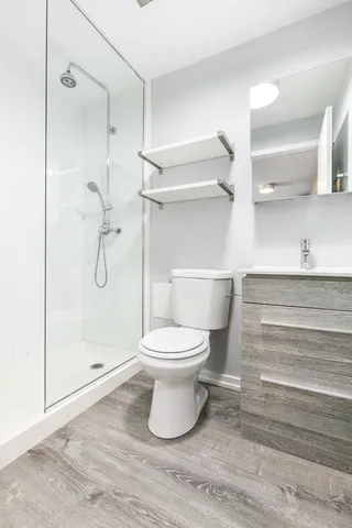 a bathroom with a toilet and a shower