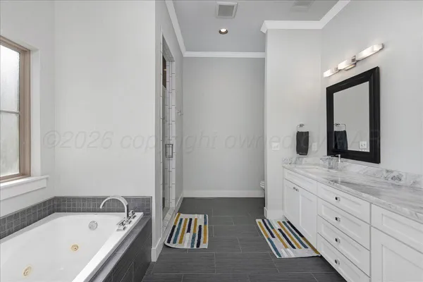 a bathroom with a bathtub and a sink