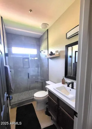 a bathroom with a sink a toilet a mirror and shower