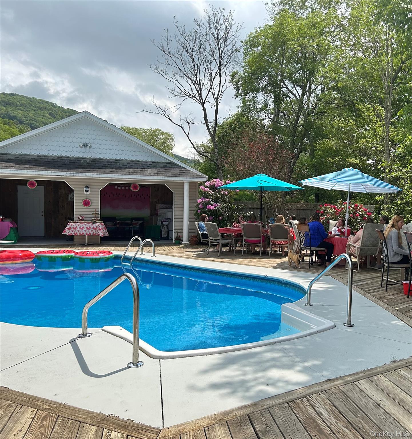 290 Gulf Road Roscoe, NY 12776 - Photo 3 of 26 Outdoor pool with a patio, an outdoor structure, outdoor dining area, and a storage structure