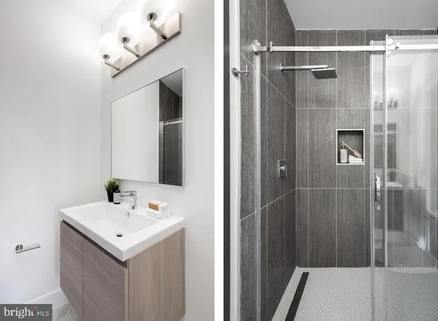 a bathroom with a sink and mirror