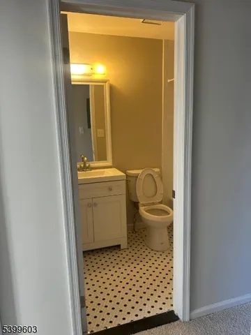 a bathroom with a sink toilet and mirror