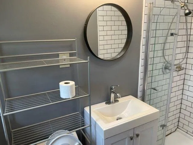 a bathroom with a sink and a mirror