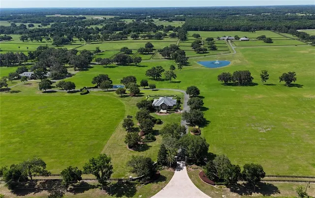 an aerial view of a houses with outdoor space and trees