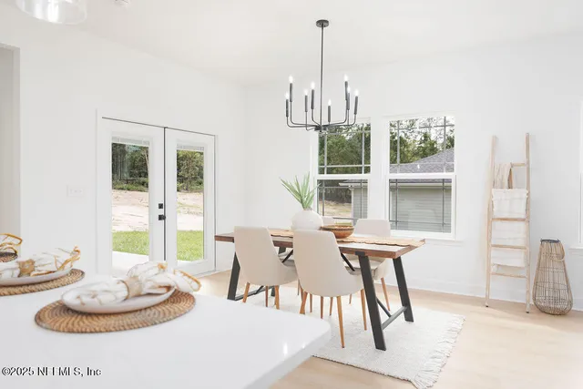 a view of a dining room with furniture window and outside view