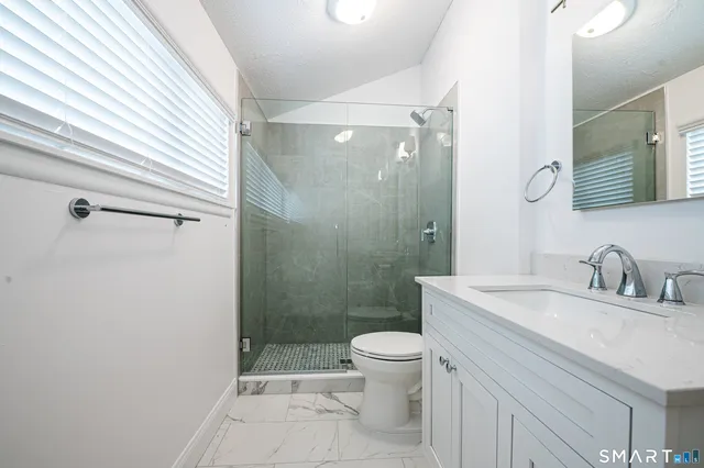 a bathroom with a sink a toilet and shower