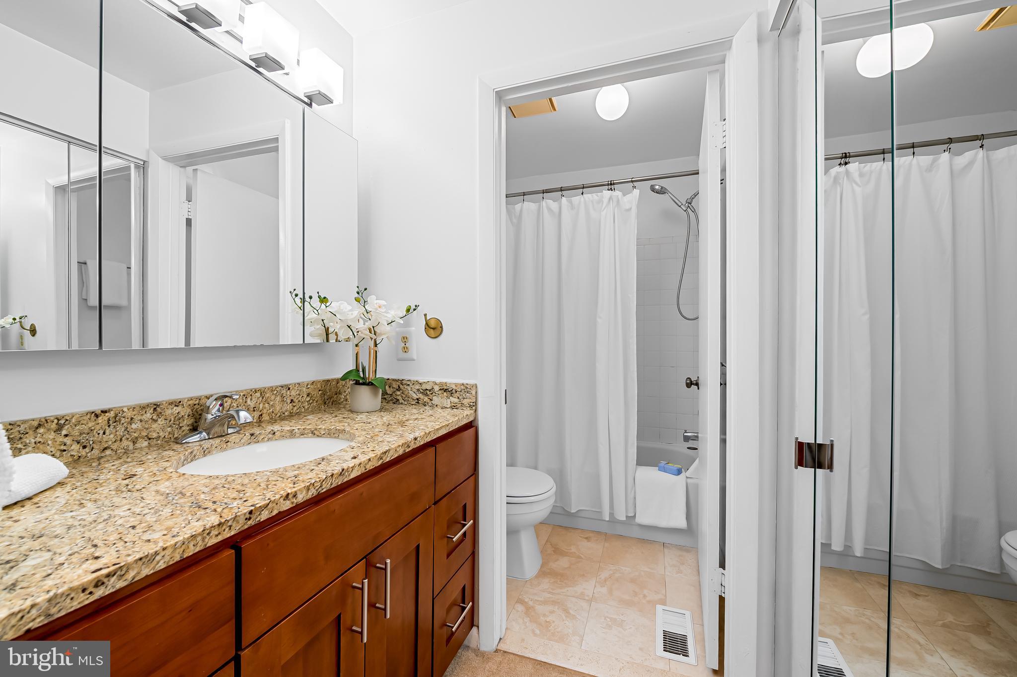 630 South Hanover Street Baltimore, MD 21230 - Photo 25 of 55 a bathroom with a granite countertop sink a mirror and a shower