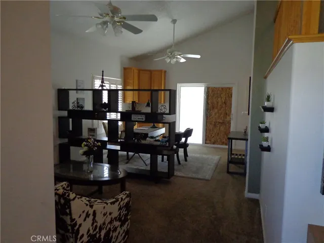 a view of a dining room with furniture