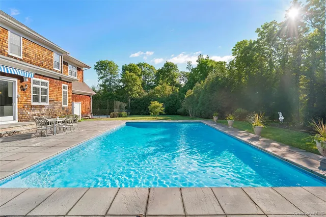 a view of swimming pool with outdoor seating and plants
