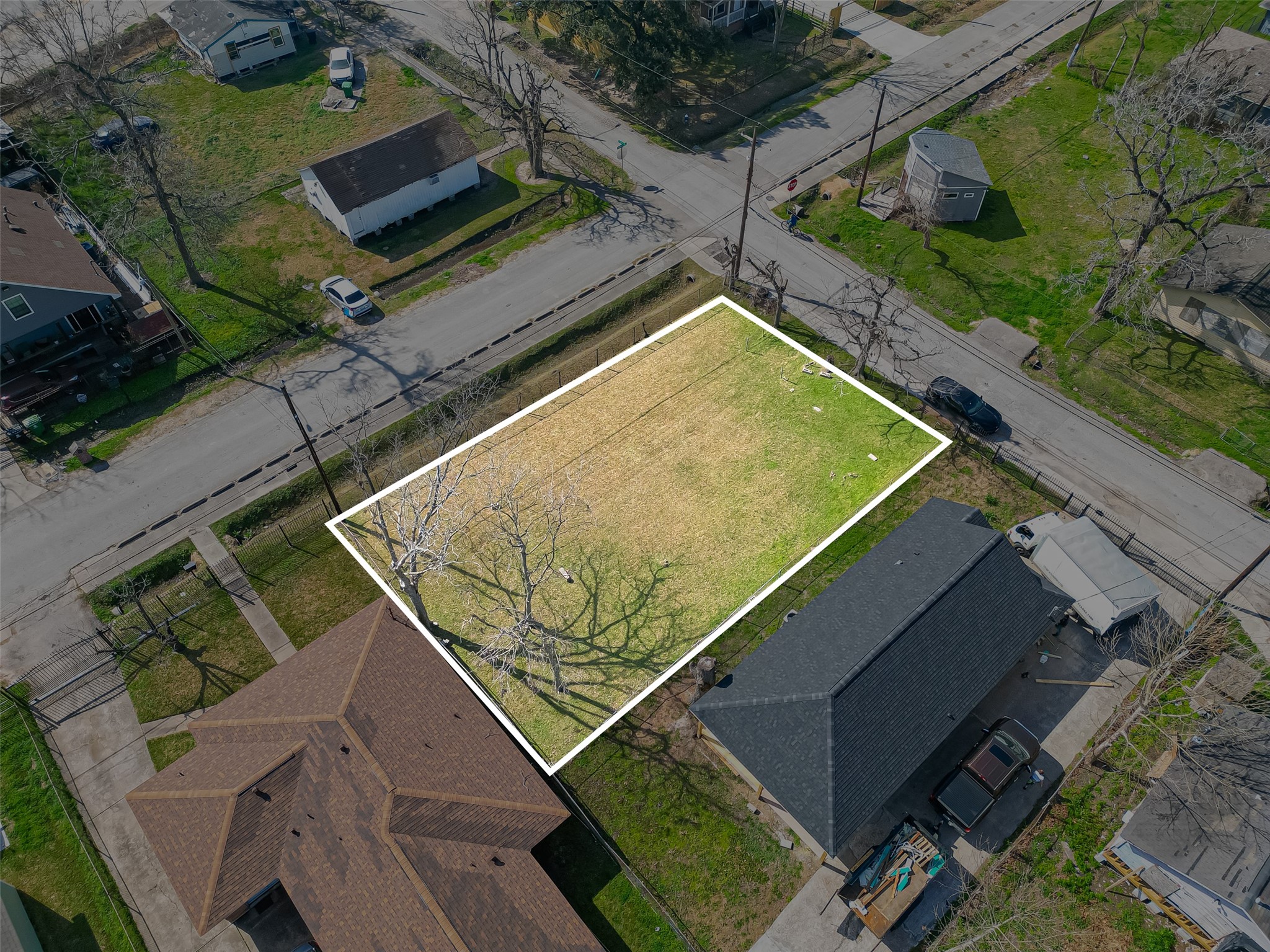 an aerial view of a backyard