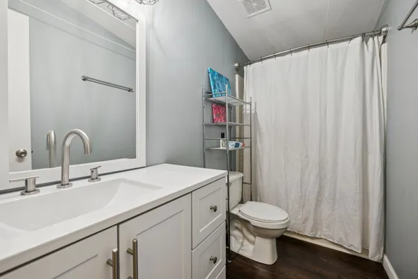 a bathroom with a sink a toilet and shower curtain