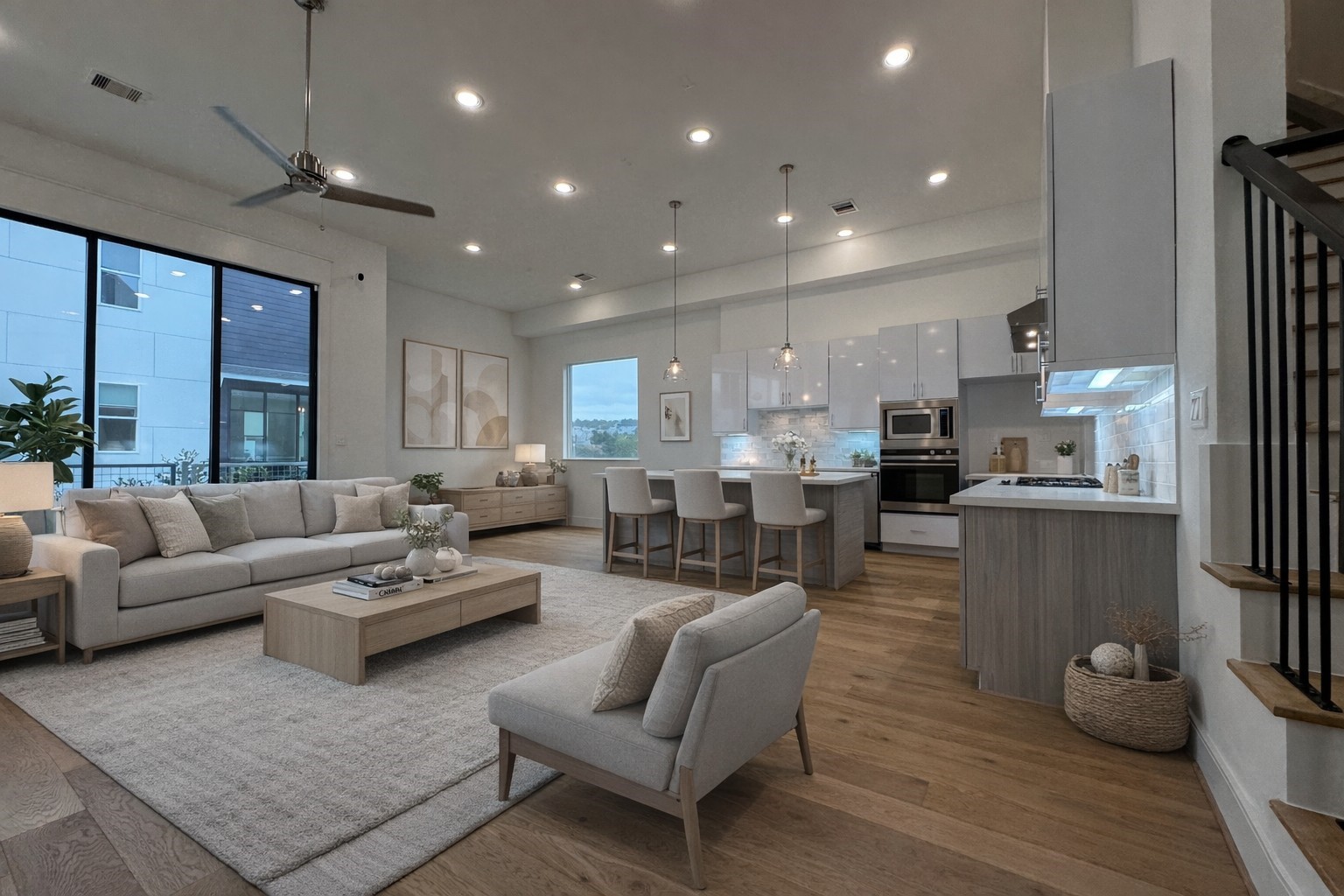 9807 Hope Harbor Lane Houston, TX 77080 - Photo 2 of 11 First floor living and dining area featuring an elegant 10' tall sliding glass door. Virtual staging added.