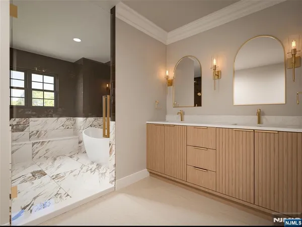 a bathroom with a double vanity sink and a mirror