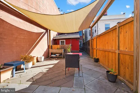 a backyard of a house with plants and trees