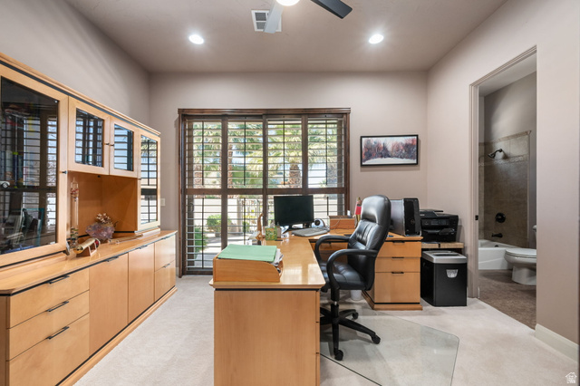 2376 Stone Crest Circle St. George, UT 84790 - Photo 27 of 61 Home office with light colored carpet, a ceiling fan, and recessed lighting