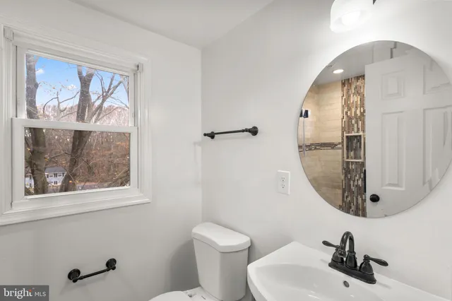 a bathroom with a toilet a sink and mirror