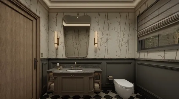 a bathroom with a toilet sink and mirror