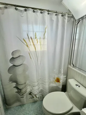 a bathroom with a toilet and a shower curtain