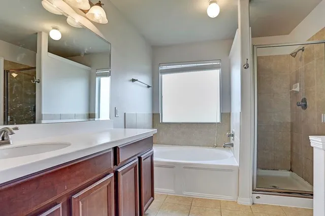 a bathroom with a tub sink and mirror