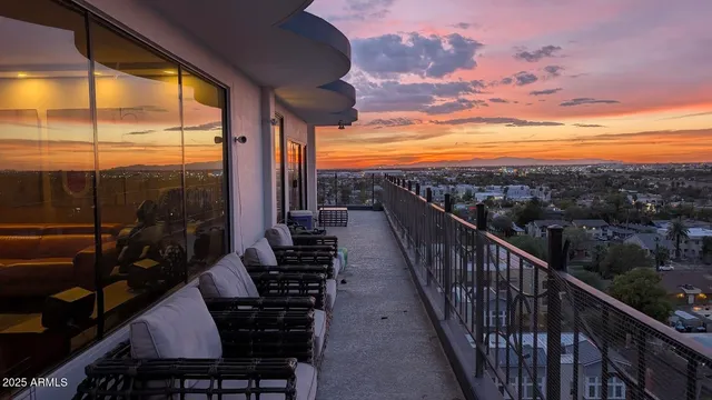 a view of a city with lots of swings