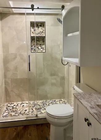 a bathroom with a granite countertop sink toilet and shower