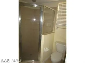 a bathroom with a shower and toilet