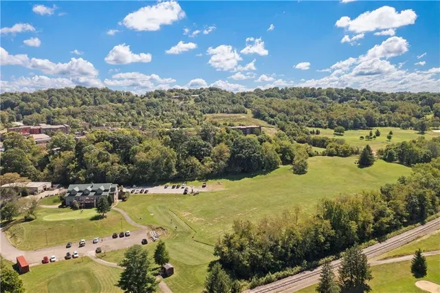 a view of a lake in middle of the town